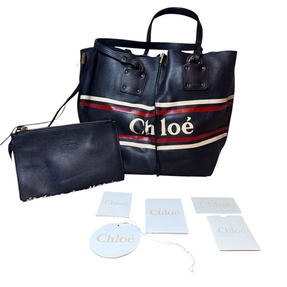 Chloé Navy Blue Leather Red White Striped Vick Tote Bag Auth With Zip Pouch - Picture 2 of 16